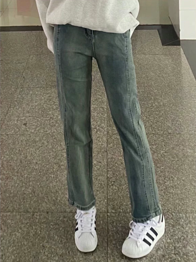 Quần jean ống đứng dáng quả lê dành cho nữ, cỡ lớn, phong cách mới đầu thu, quần ống đứng co giãn cạp cao che hông kiểu dáng nhỏ nhắn