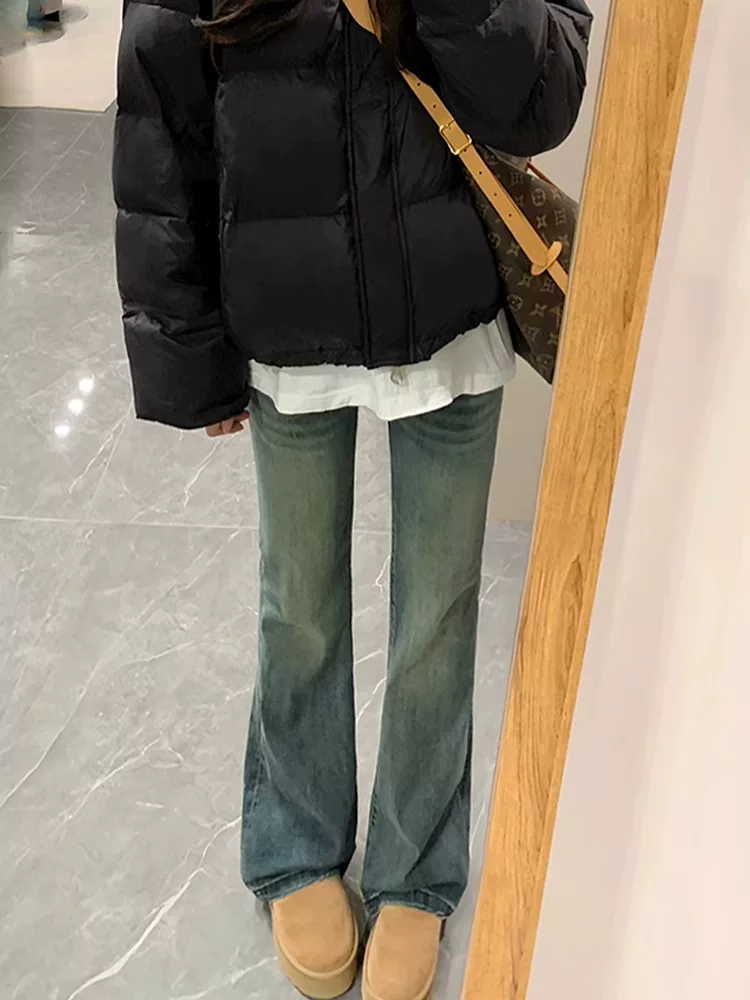 Quần jean ống đứng ống loe dày dặn lót lông màu xanh cổ điển dành cho nữ, mùa thu đông, cỡ lớn, cạp cao, co giãn, quần ống loe thon gọn.