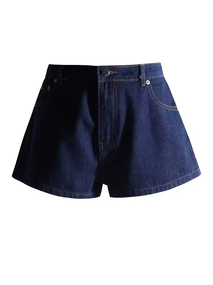 Quần short denim xanh A-line nữ mùa hè 2025, size lớn, cạp cao, dáng rộng, che hông, tôn dáng, ống rộng, quần short thời trang