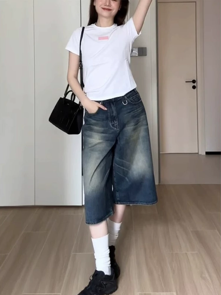 Quần short denim kiểu cổ điển Mỹ dành cho nữ, quần ống rộng dáng rộng cạp cao, kiểu dáng rộng, tôn dáng, mới mùa hè, size lớn