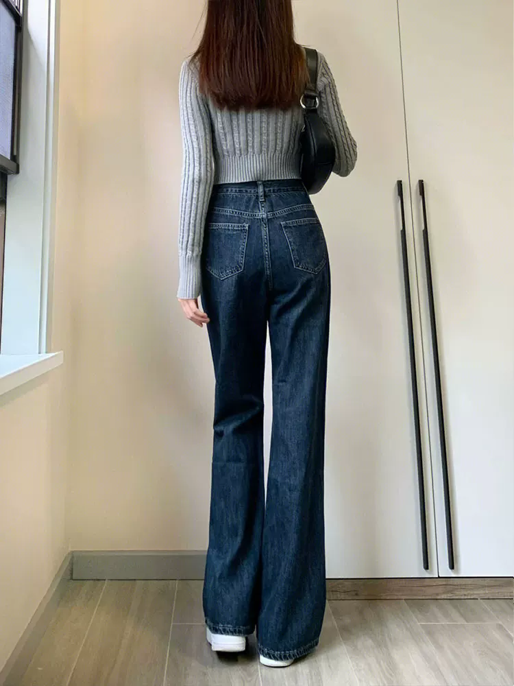 Quần jean dáng chữ lê retro xòe dành cho nữ, phong cách đầu thu, size lớn, cạp cao, dáng rộng, tôn dáng, dài chấm đất