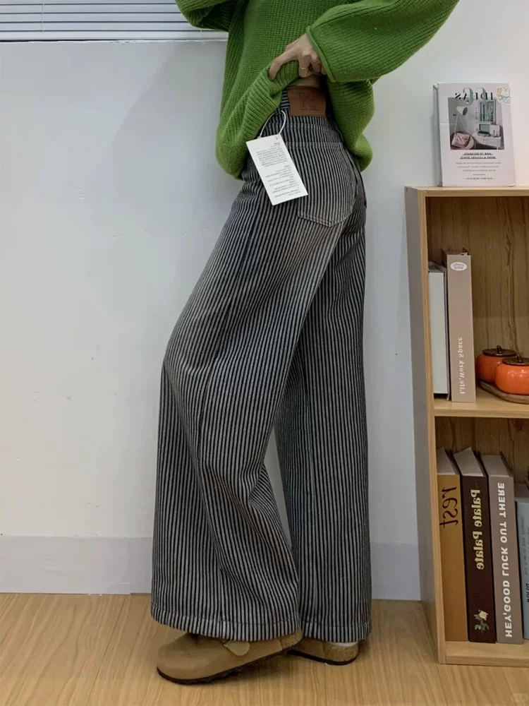 Quần jean ống rộng sọc cổ điển dành cho nữ, mùa thu đông, lót lông cừu, cỡ lớn, dành cho hông rộng, chân dày, dáng quả lê, quần ống thẳng