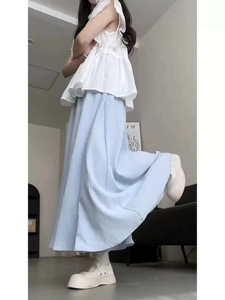 Quần culottes màu xanh dành cho nữ, mùa hè, cỡ lớn, lưng cao, che bụng, giảm béo, dáng quả lê, nhỏ nhắn, quần ống rộng thông thường