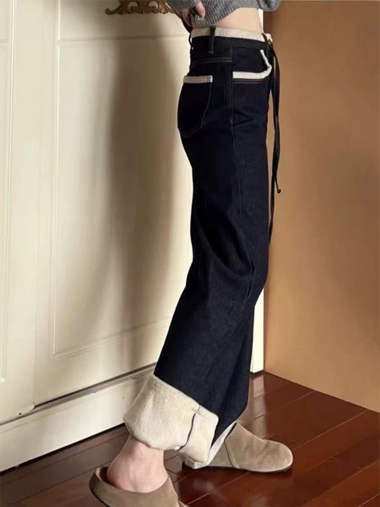 Quần jean dày lót lông màu xanh đậm dành cho nữ, kiểu dáng thu đông mới, cỡ lớn, lưng cao, dáng rộng, dáng suông, quần ống rộng hẹp.