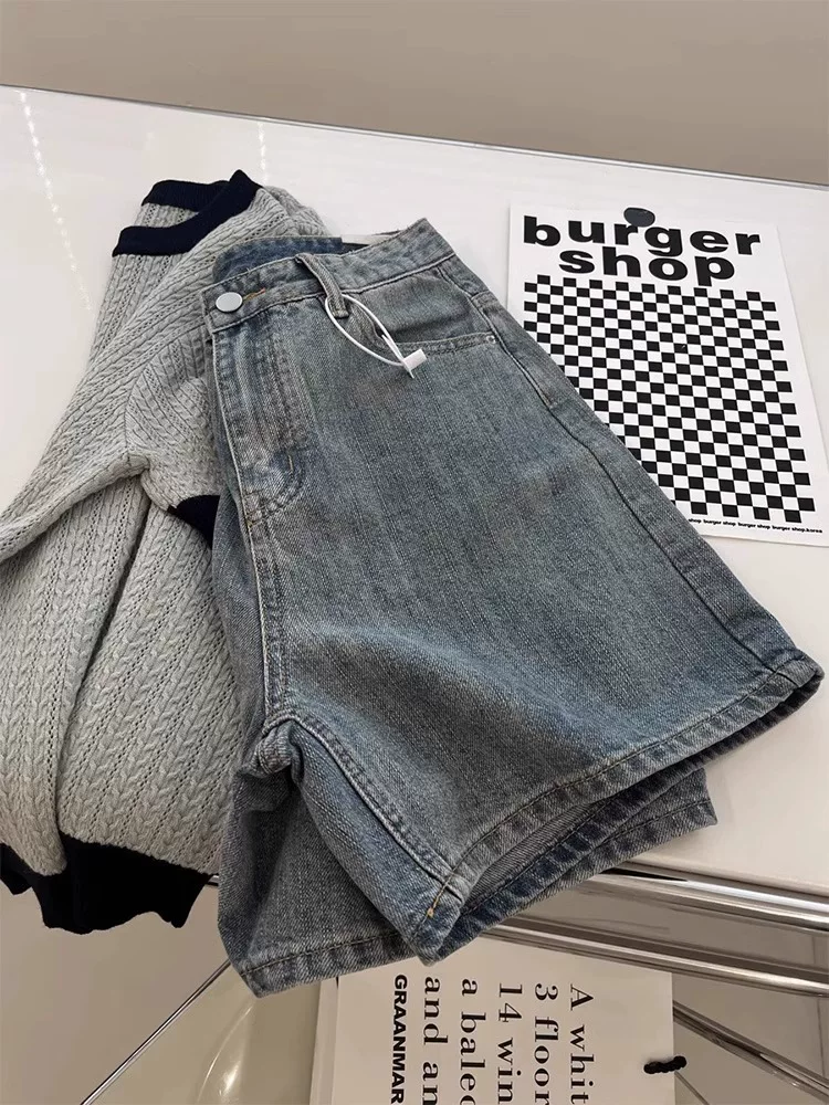 Quần short denim màu xanh cổ điển hình quả lê dành cho nữ, kiểu dáng mỏng mùa hè, cỡ lớn, lưng cao, dáng rộng, quần ống rộng chữ A giúp giảm béo