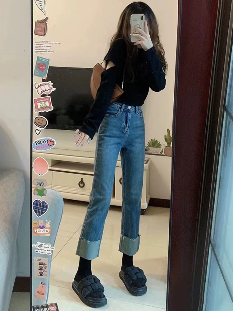 Quần jean ống đứng dáng lê dành cho nữ, phong cách đầu thu, cỡ lớn, lưng cao, che hông, giảm béo, bo gấu, quần ống lửng kiểu thuốc lá