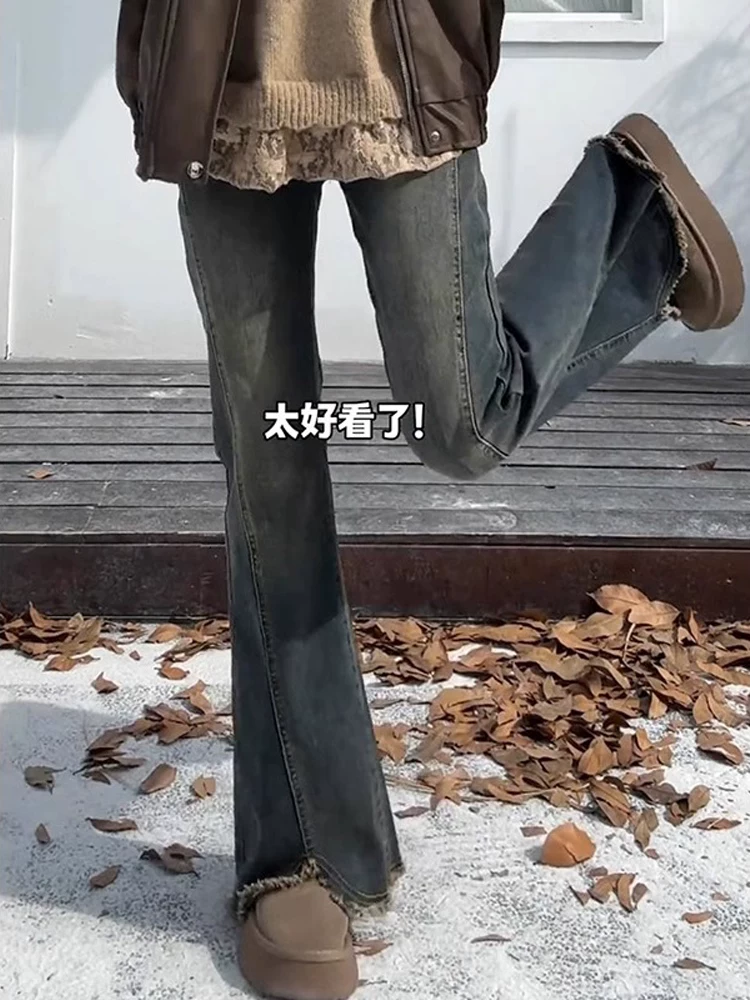 Quần jeans ống loe vintage nữ thu đông 2025, thiết kế size lớn, cạp cao, che hông, tôn dáng, kiểu dáng bootcut