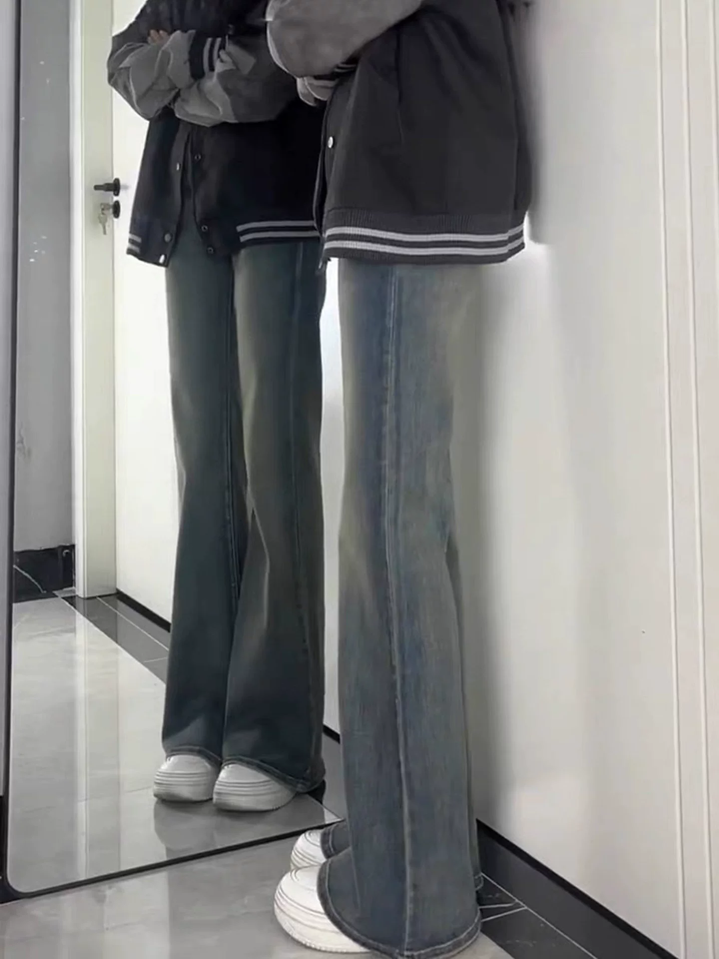 Quần jean ống đứng co giãn lưng cao dành cho nữ, phong cách đầu thu, cỡ lớn, dáng quả lê, che hông, quần ống loe thon gọn