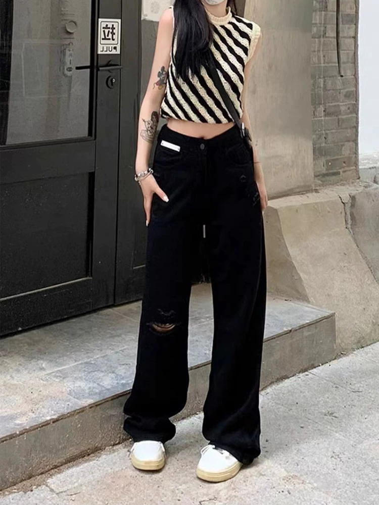 Quần jean rách Tencel màu đen dành cho nữ, kiểu dáng mỏng mùa hè, cỡ lớn, lưng cao, dáng rộng, mềm mại, tôn dáng, quần ống rộng chất liệu lụa đá.