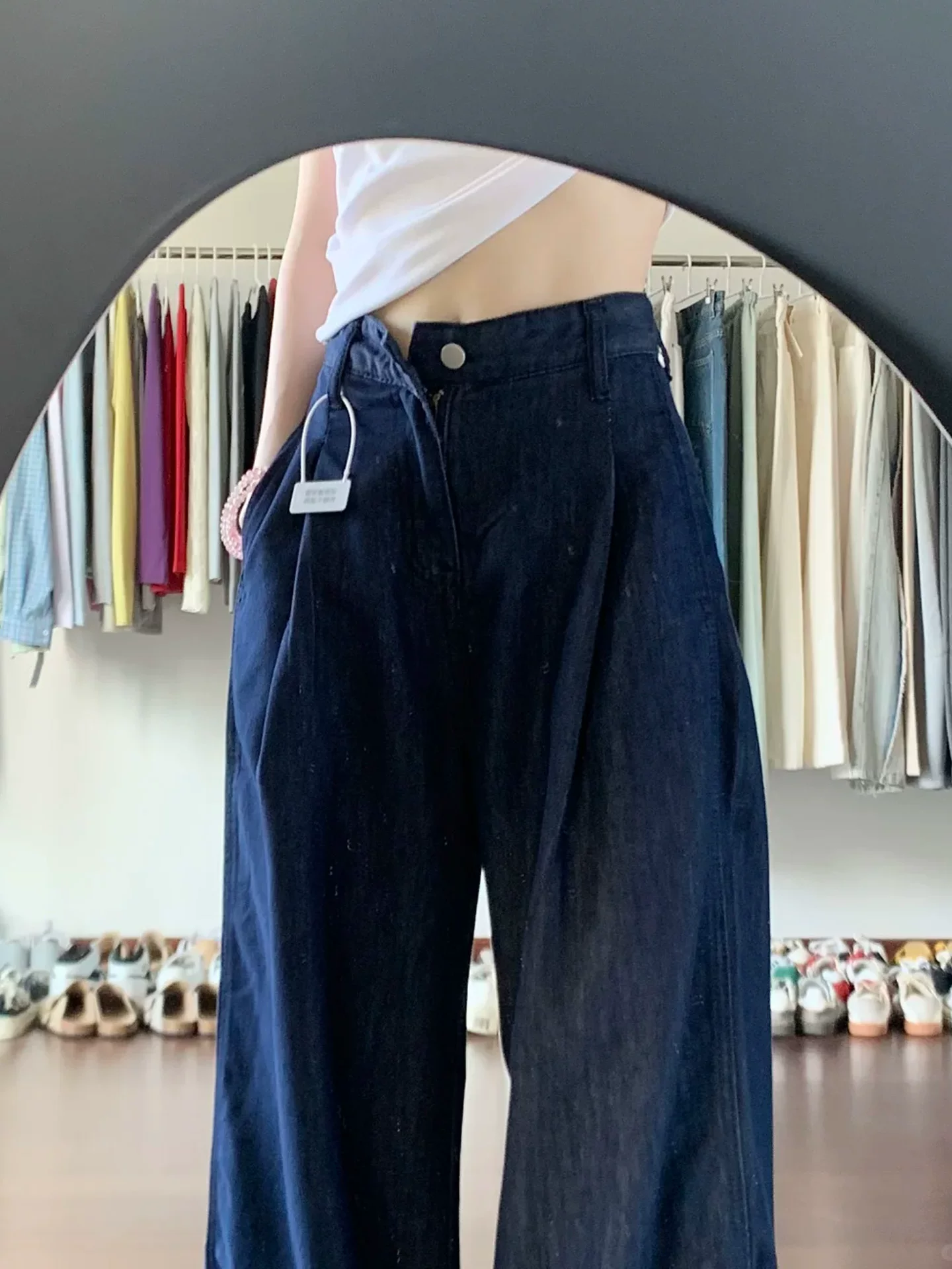 Quần jean ống rộng Tencel màu xanh đậm dành cho nữ, kiểu dáng mỏng mùa hè, cỡ lớn, lưng cao, mềm mại, tôn dáng, quần mát như lụa băng.