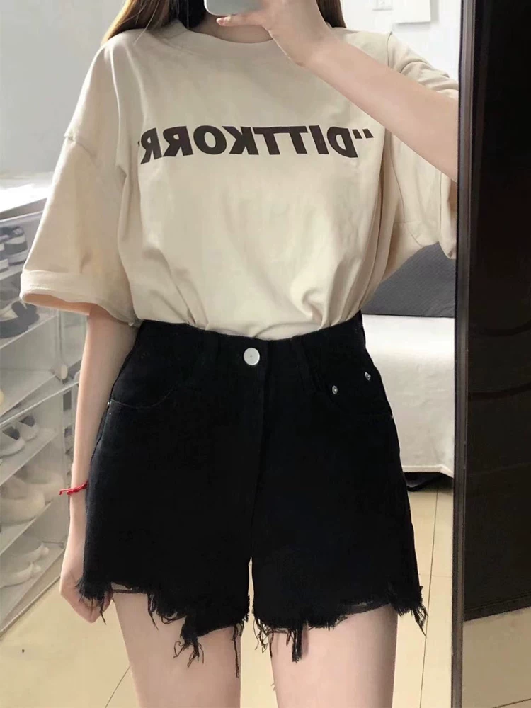 Quần short denim dáng lê dành cho nữ, size lớn mùa hè, cạp cao, dáng rộng, che hông, tôn dáng, dáng chữ A, rách, quần ống rộng