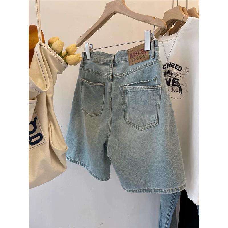 Quần short denim ống thẳng màu sáng dành cho nữ, mùa hè, cỡ lớn, lưng cao, dáng rộng, tôn dáng, đa năng, quần short ống rộng dài đến đầu gối kiểu chữ A.