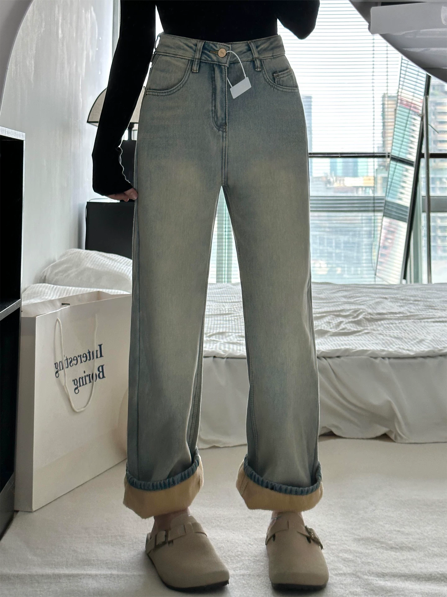 Quần jean ống thẳng dày lót lông cừu dành cho nữ, mùa thu đông, cỡ lớn, lưng cao, dáng rộng, giảm béo, dáng quả lê, quần ống rộng