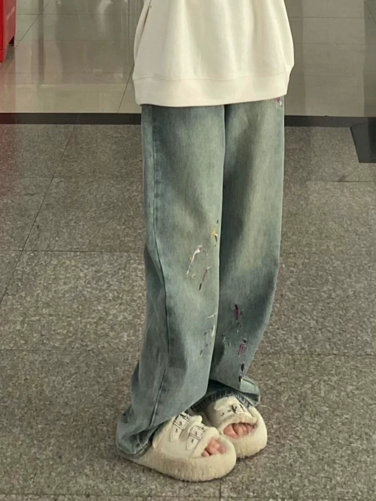 Quần jean ống thẳng thêu hình quả lê dành cho nữ, cỡ lớn, mặc đầu thu, lưng cao, dáng rộng, che hông, quần ống rộng giảm béo