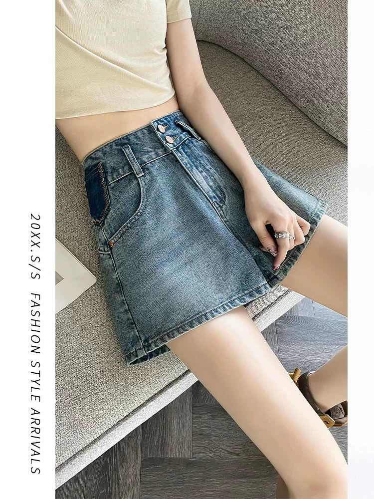 Quần short denim nữ cho mùa hè, kiểu dáng mỏng, cỡ lớn, được thiết kế dành cho phụ nữ có đường cong, lưng cao, dáng rộng, giúp bạn trông cao và thon gọn hơn, quần ống rộng kiểu chữ A.
