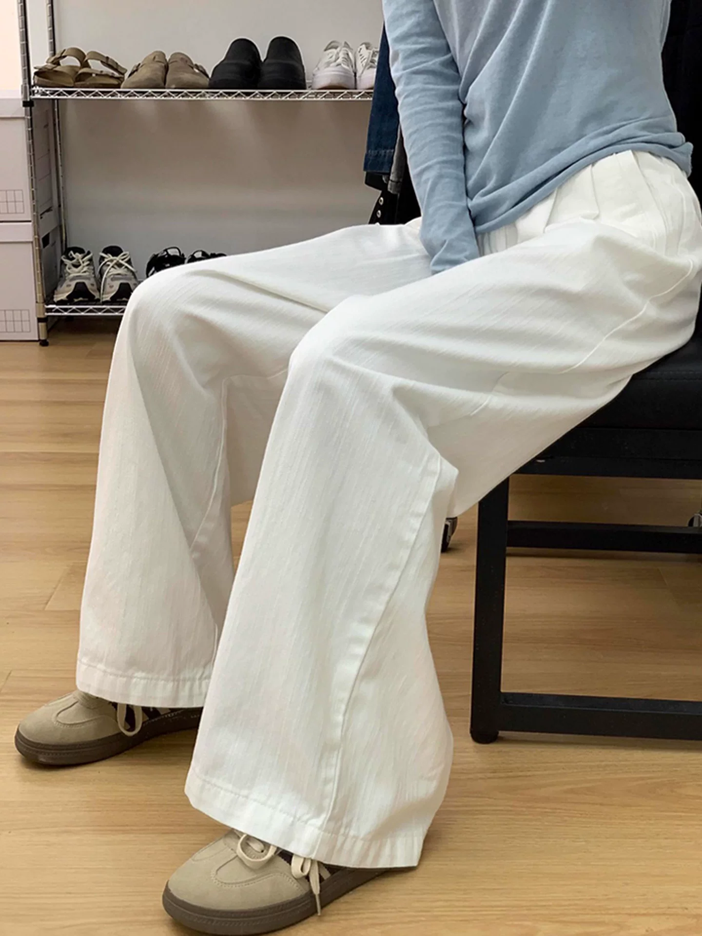 Quần jean trắng lưng cao ống rộng cho nữ, phong cách mùa thu, cỡ lớn, có họa tiết, tôn dáng, quần ống thẳng, quần dài xếp ly.