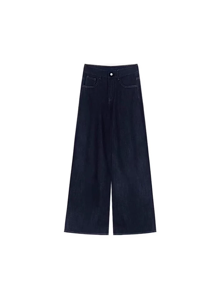 Quần jean ống rộng màu xanh đậm dành cho nữ, kiểu dáng mùa xuân mới, cỡ lớn, lưng cao, tôn dáng, giản dị, rộng rãi, mềm mại, quần dài chạm sàn.