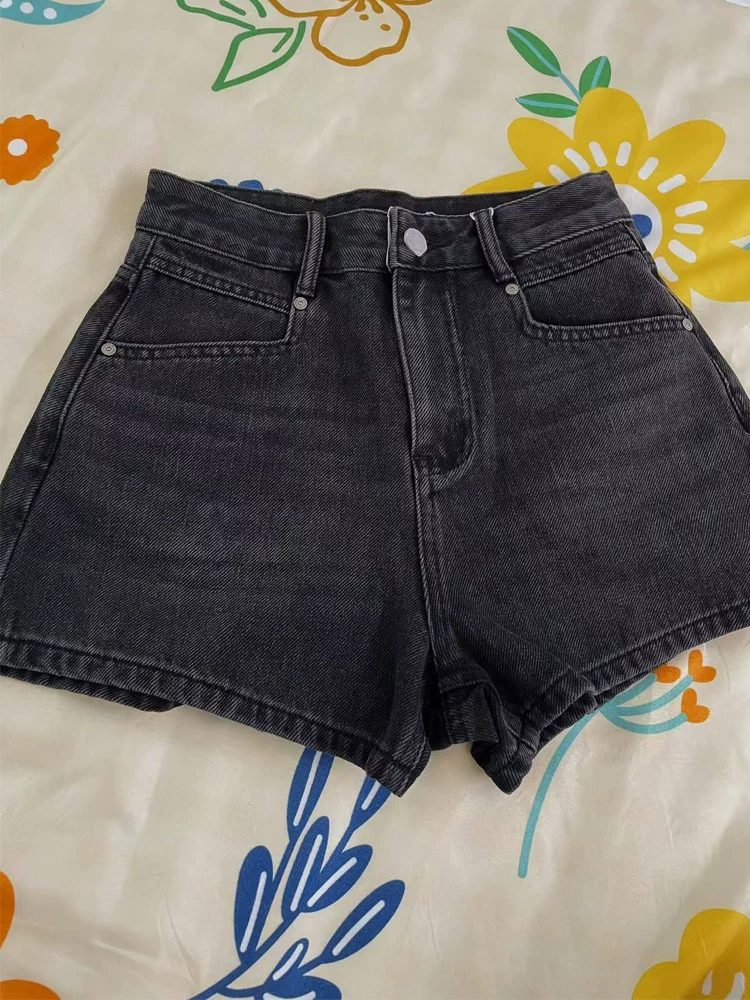 Quần short denim dáng chữ A lưng cao hình quả lê dành cho nữ, kiểu dáng mỏng mùa hè, cỡ lớn, lưng cao, che hông, giảm béo, quần ống rộng