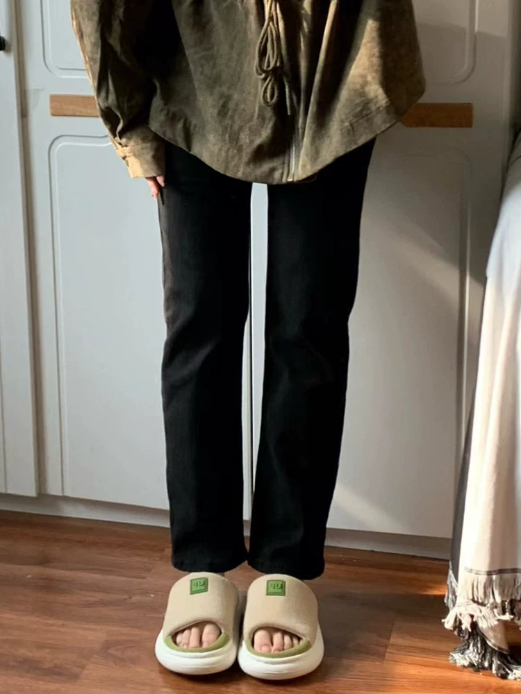 Quần jean ống đứng màu đen dành cho nữ có thân hình quả lê, lót lông cừu mùa thu đông, cỡ lớn, cạp cao, quần thuốc lá thon gọn