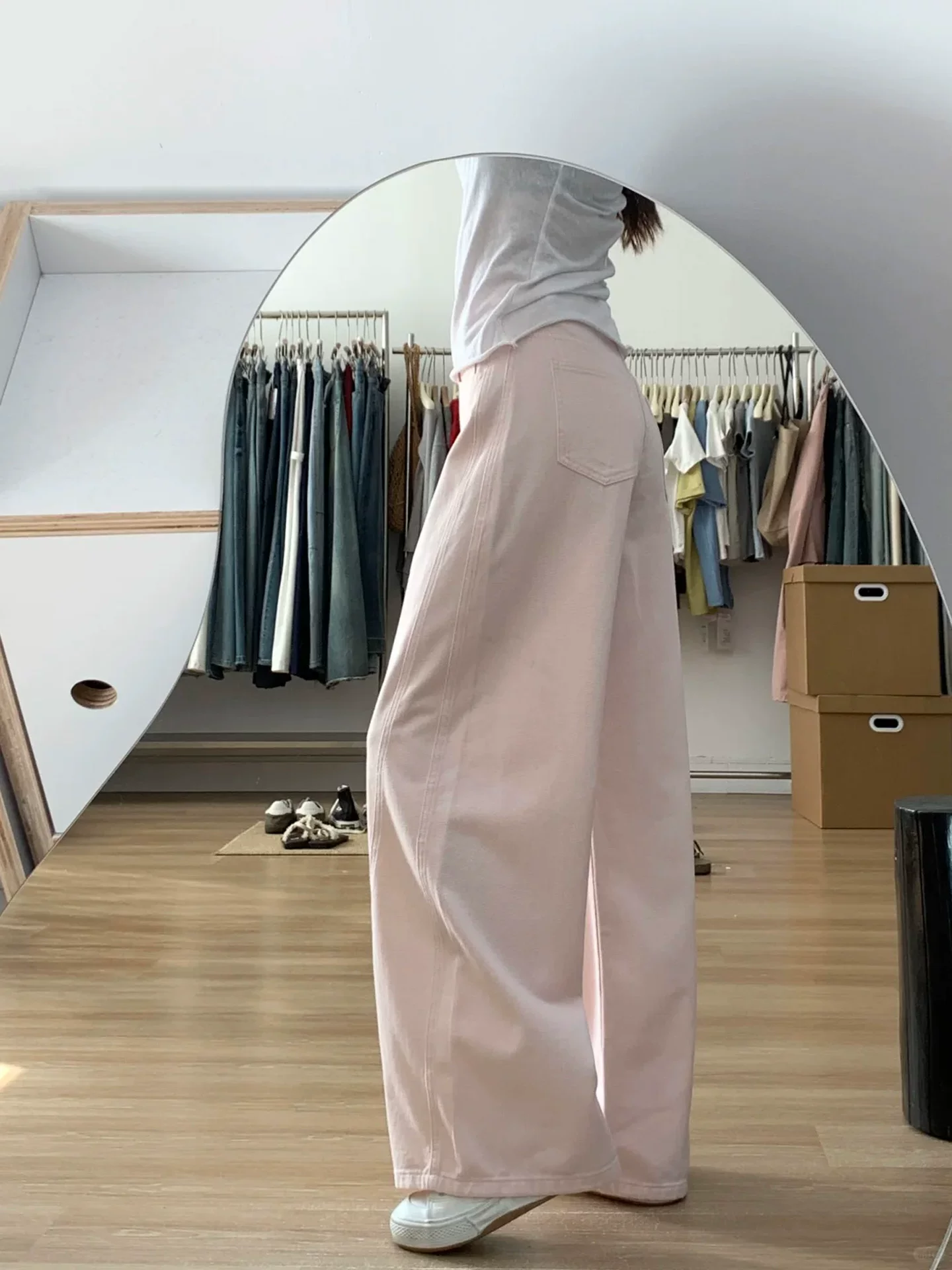 Quần ống rộng màu hồng dành cho nữ, kiểu mới thu đông 2025, size lớn, cạp cao, dáng rộng, tôn dáng, quần jean ống rộng thường ngày