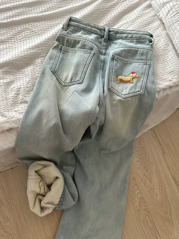 Quần jean ống thẳng dày lót lông cho chó Dachshund dành cho nữ, phong cách thu đông, cỡ lớn, lưng cao, dáng rộng, giảm béo, quần ống rộng