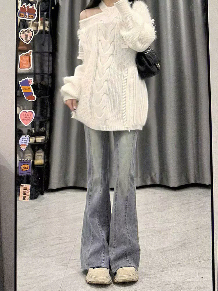 Quần jean ống đứng hơi loe, dáng quả lê, dành cho nữ, size lớn, phong cách đầu thu, cạp cao, co giãn, tôn dáng, viền quần xù