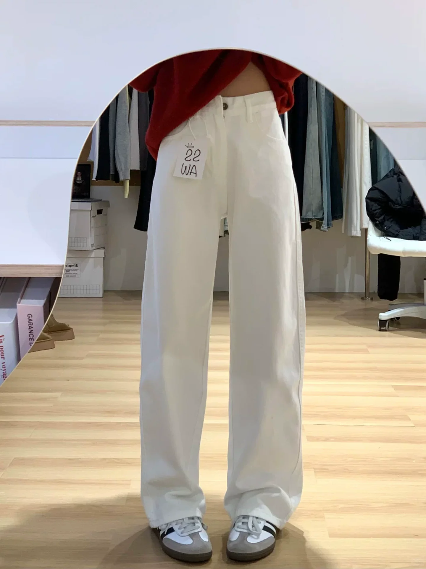 Quần jean trắng ống thẳng cho nữ, mùa thu, cỡ lớn, lưng cao, dáng rộng, mềm mại, tôn dáng, dáng quả lê, quần ống rộng