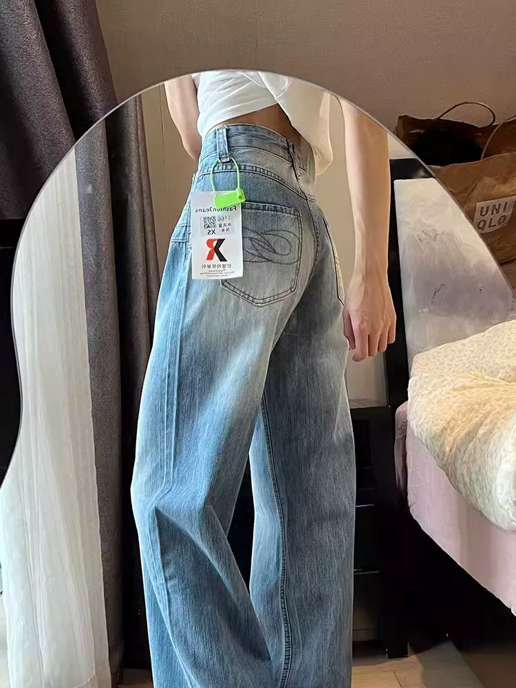 Quần jean ống thẳng kiểu Mỹ dành cho nữ, cỡ lớn, thiết kế mới đầu thu, lưng cao, dáng rộng, quần ống rộng giảm béo