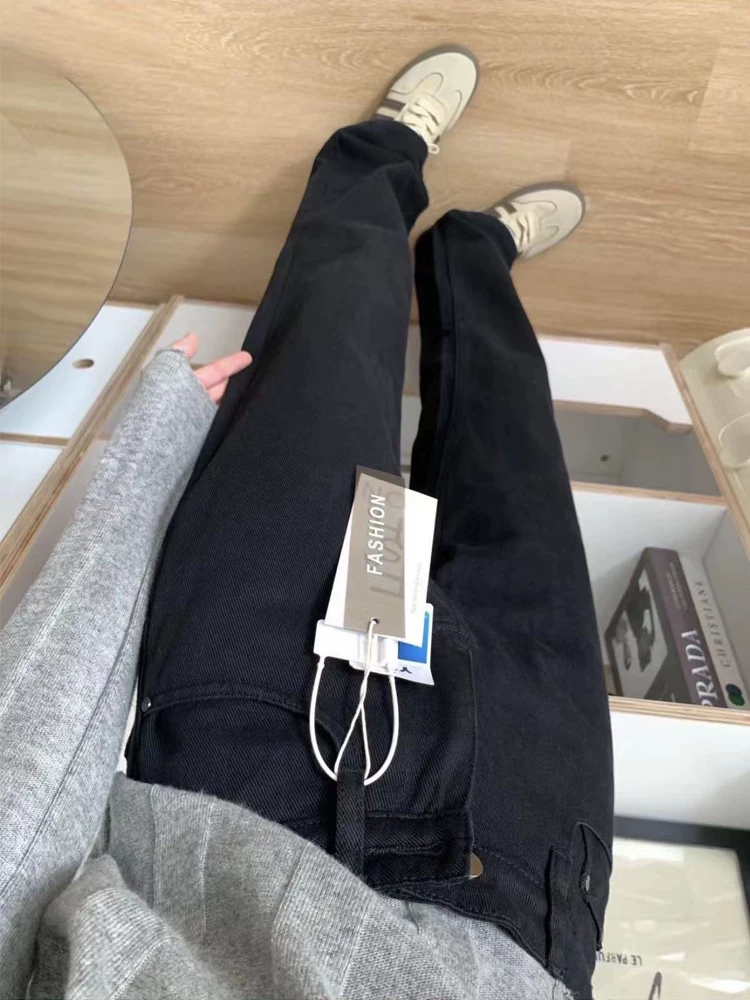 Quần jeans đen ống đứng nữ, kiểu mới thu đông 2024, size lớn, cạp cao, co giãn, tôn dáng, quần ống rộng ôm dáng