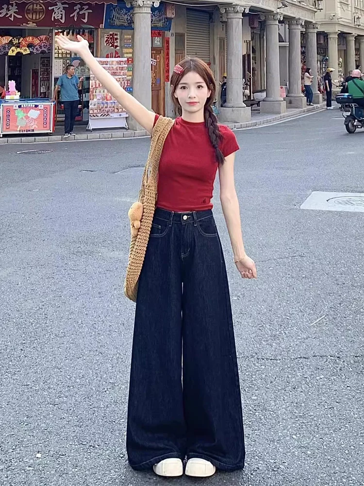 Quần jean ống rộng màu xanh đậm dành cho nữ, kiểu dáng mùa thu mới, cỡ lớn, lưng cao, dáng rộng, mềm mại, tôn dáng, ống thẳng, quần dài chạm sàn.