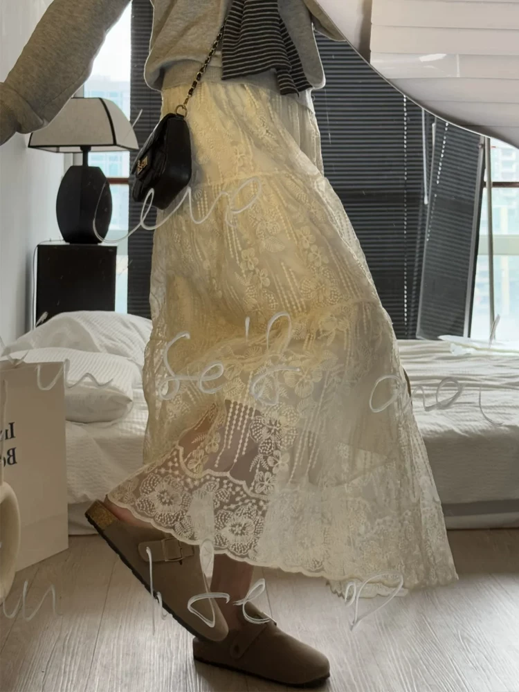 Váy ren nữ, kiểu dáng mới mùa xuân, size lớn, lưng cao, che hông, giảm béo, dáng quả lê, váy chữ A dài vừa phải