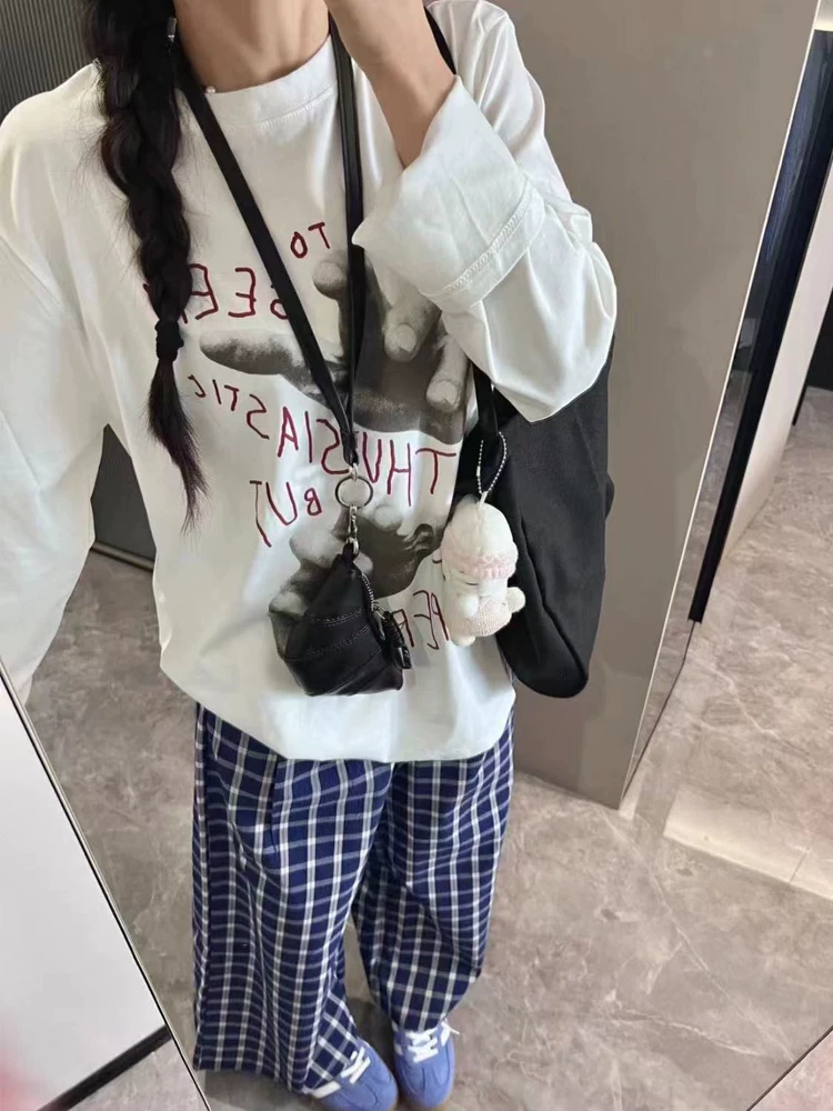 Quần âu kẻ sọc xanh cổ điển dành cho nữ, đầu thu, cỡ lớn, lưng cao, dáng suôn, tôn dáng, dáng thẳng, ống rộng, quần dài chạm sàn