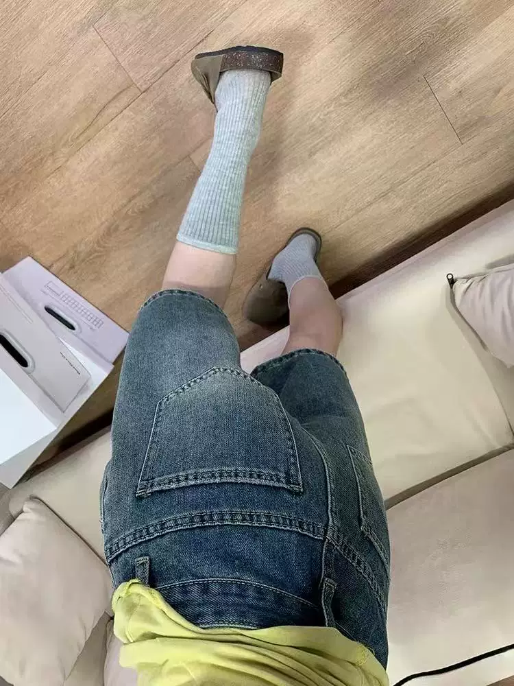 Quần short denim ống rộng màu xanh cổ điển dành cho nữ, cỡ lớn mùa hè, lưng cao, dáng rộng, thon gọn, dáng quả lê, quần short dài vừa phải.