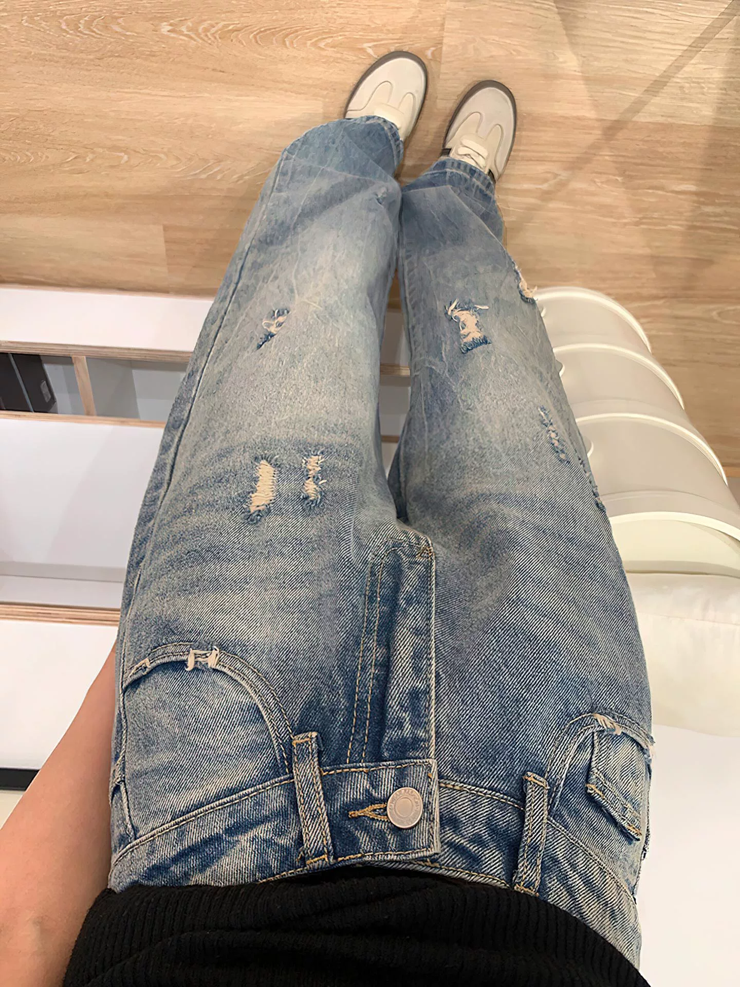 Quần jean rách màu xanh cổ điển dành cho nữ, phong cách mùa thu mới, cỡ lớn, lưng cao, dáng rộng, thon gọn, dáng quả lê, quần ống rộng