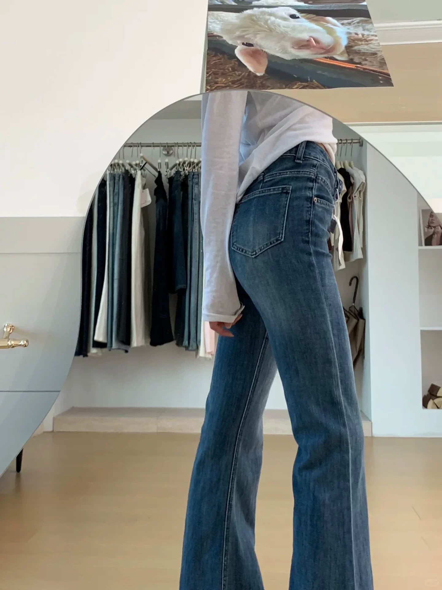 Quần jean xòe màu xanh đậm cạp cao dành cho nữ, mùa thu đông, cỡ lớn, co giãn, che hông, dáng quả lê, quần ống loe