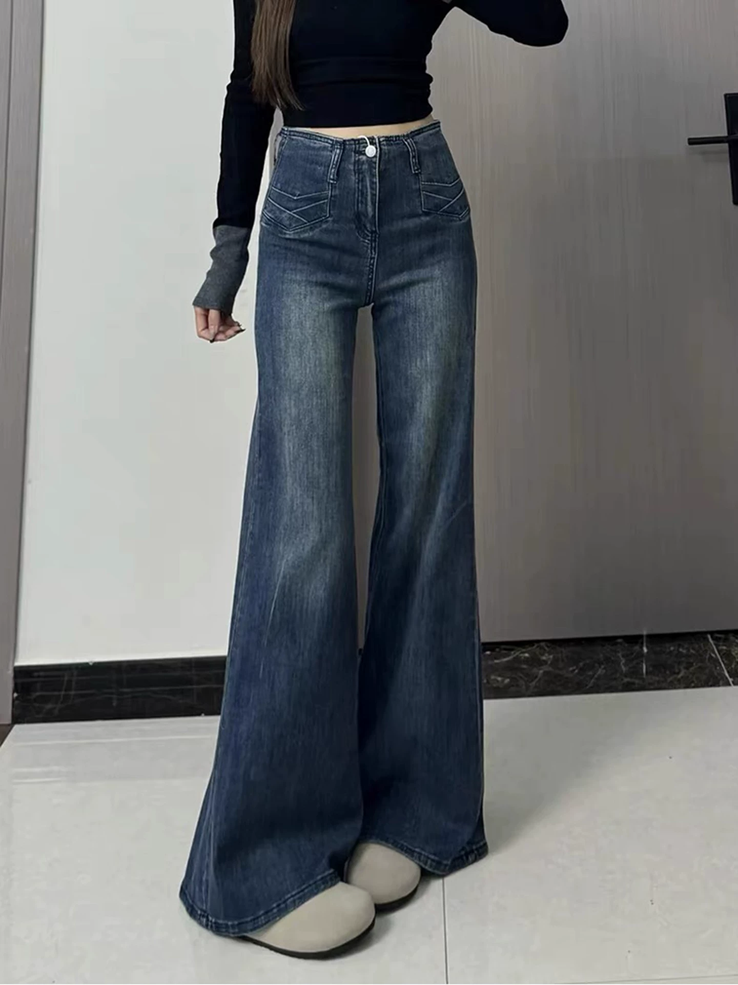 Quần ống loe nữ, kiểu thu mới, size lớn, lưng cao, co giãn, tôn dáng, dành cho người có thân hình quả lê, quần denim không bó sát