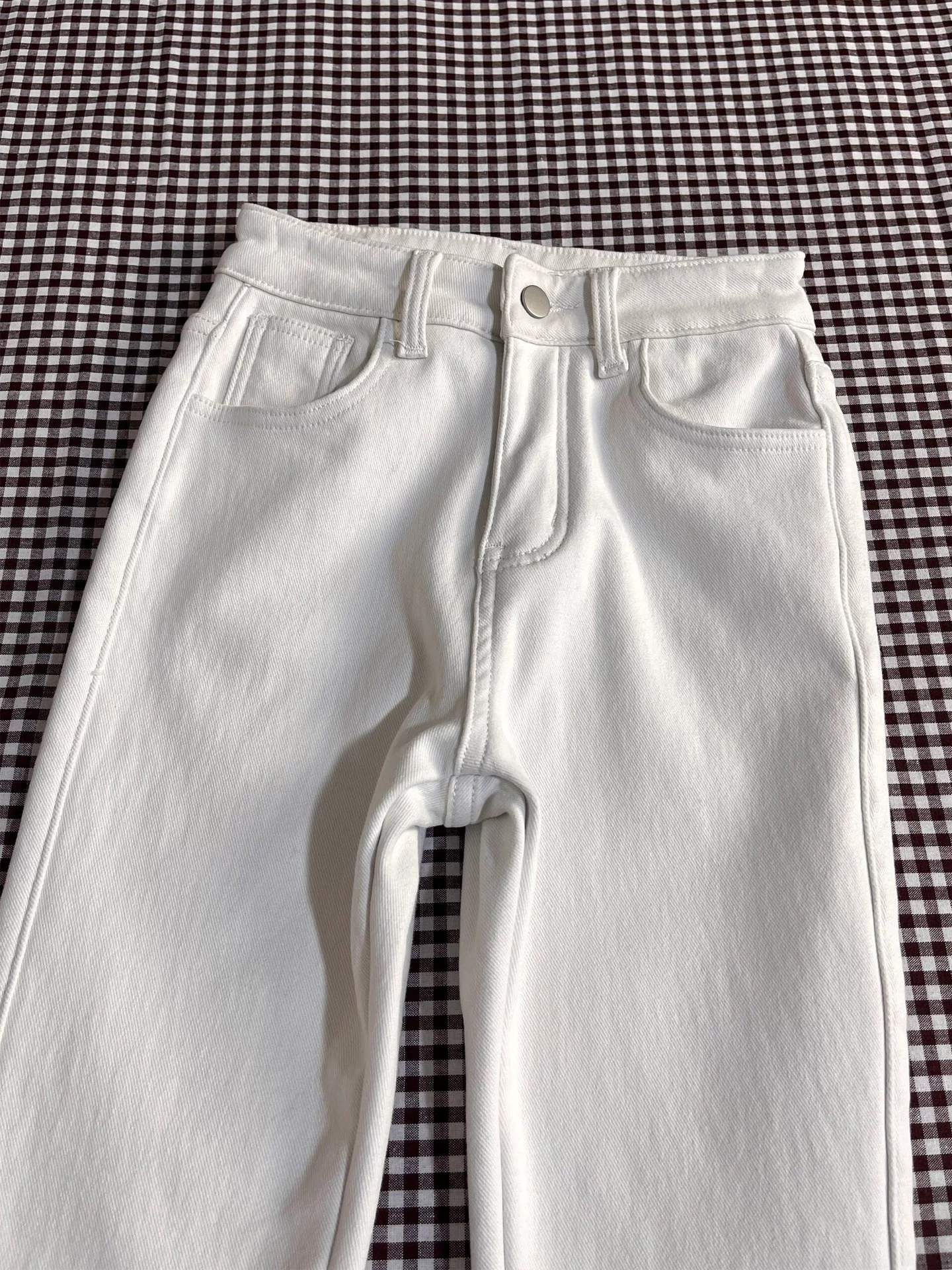 Quần jean ống loe lót lông cừu màu trắng dành cho nữ, mùa thu đông, cỡ lớn, lưng cao, co giãn, che hông, giảm béo, quần dài ống loe