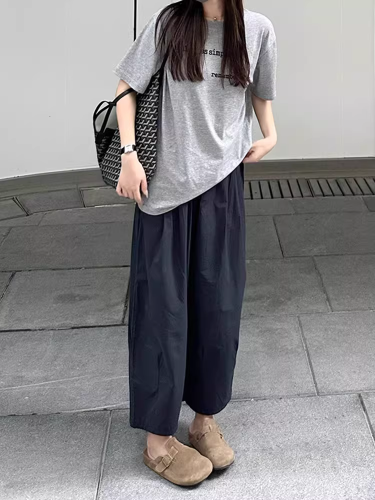 Quần đen thường ngày dành cho nữ, mùa hè, dáng nhỏ, cỡ lớn, lưng cao, dáng rộng, dáng thon gọn, quần Yamamoto ống rộng cắt ngắn