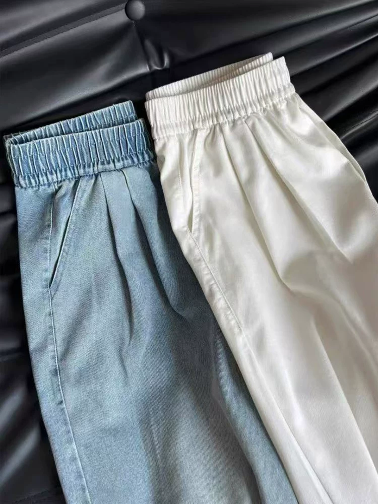 Quần jean ống đứng màu xanh Tencel dành cho nữ, kiểu dáng mỏng mùa hè, cỡ lớn, lưng cao, dáng rộng, mềm mại, tôn dáng, quần ống rộng bằng vải lụa băng