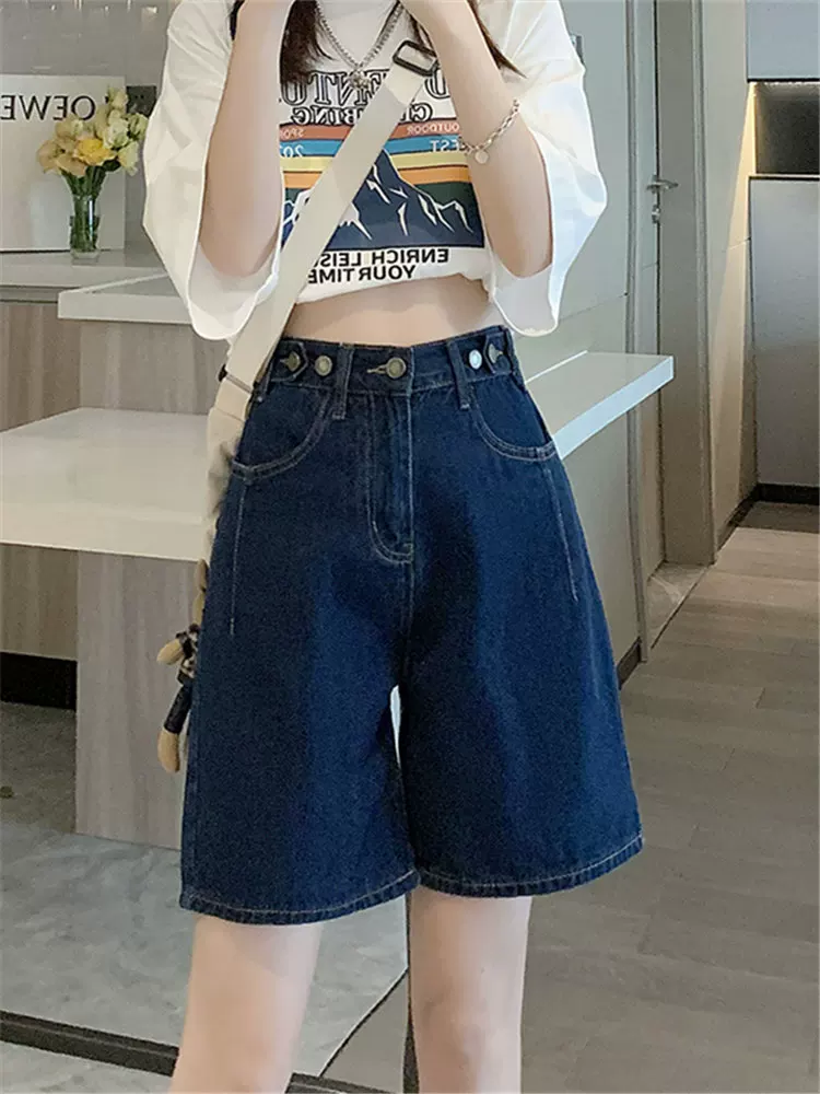 Thân hình quả lê, quần short denim che hông, cỡ lớn mùa hè, lưng cao, thon gọn, rộng rãi, ống rộng, dáng chữ A, quần short dài vừa phải