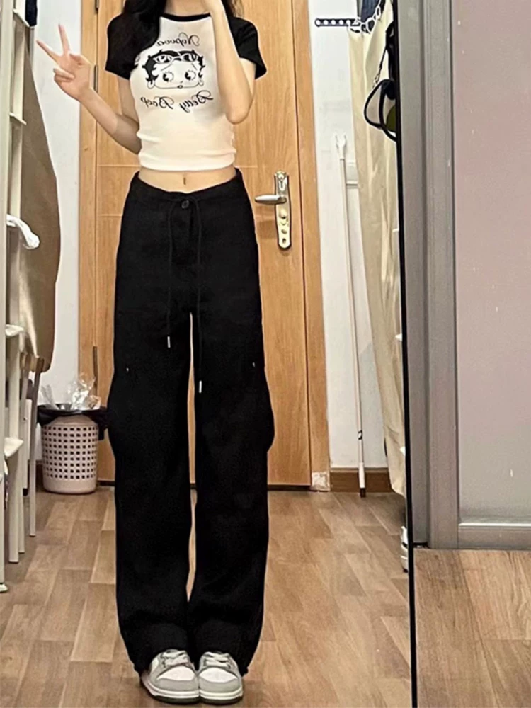 Quần cargo đen dáng quả lê dành cho nữ, kiểu dáng mỏng mùa hè, cỡ lớn, lưng cao, ống thẳng, dáng rộng, tôn dáng, quần ống rộng thường ngày.