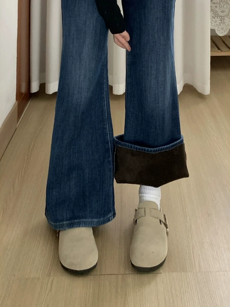 Quần jean ống loe dày lót lông màu xanh đậm dành cho nữ, mùa đông, cỡ lớn, lưng cao, dáng rộng, giảm béo, dáng quả lê, quần ống chuông