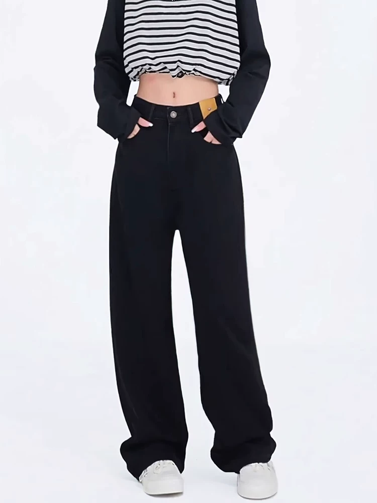 Quần jean ống thẳng dáng quả lê dành cho nữ, phong cách mới đầu thu, cỡ lớn, lưng cao, dáng rộng, dáng suông, quần dài đến sàn