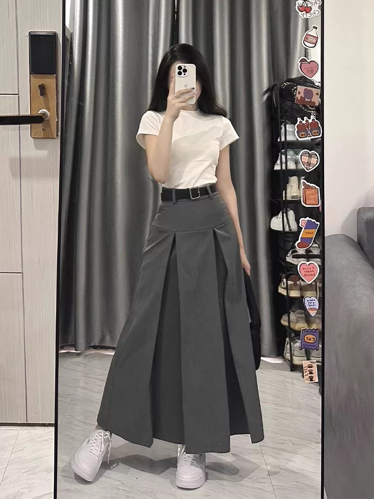 Váy liền thân dáng lê dành cho nữ, kiểu dáng mỏng mùa hè, cỡ lớn, lưng cao, che hông, váy chữ A thon gọn, váy xếp ly.