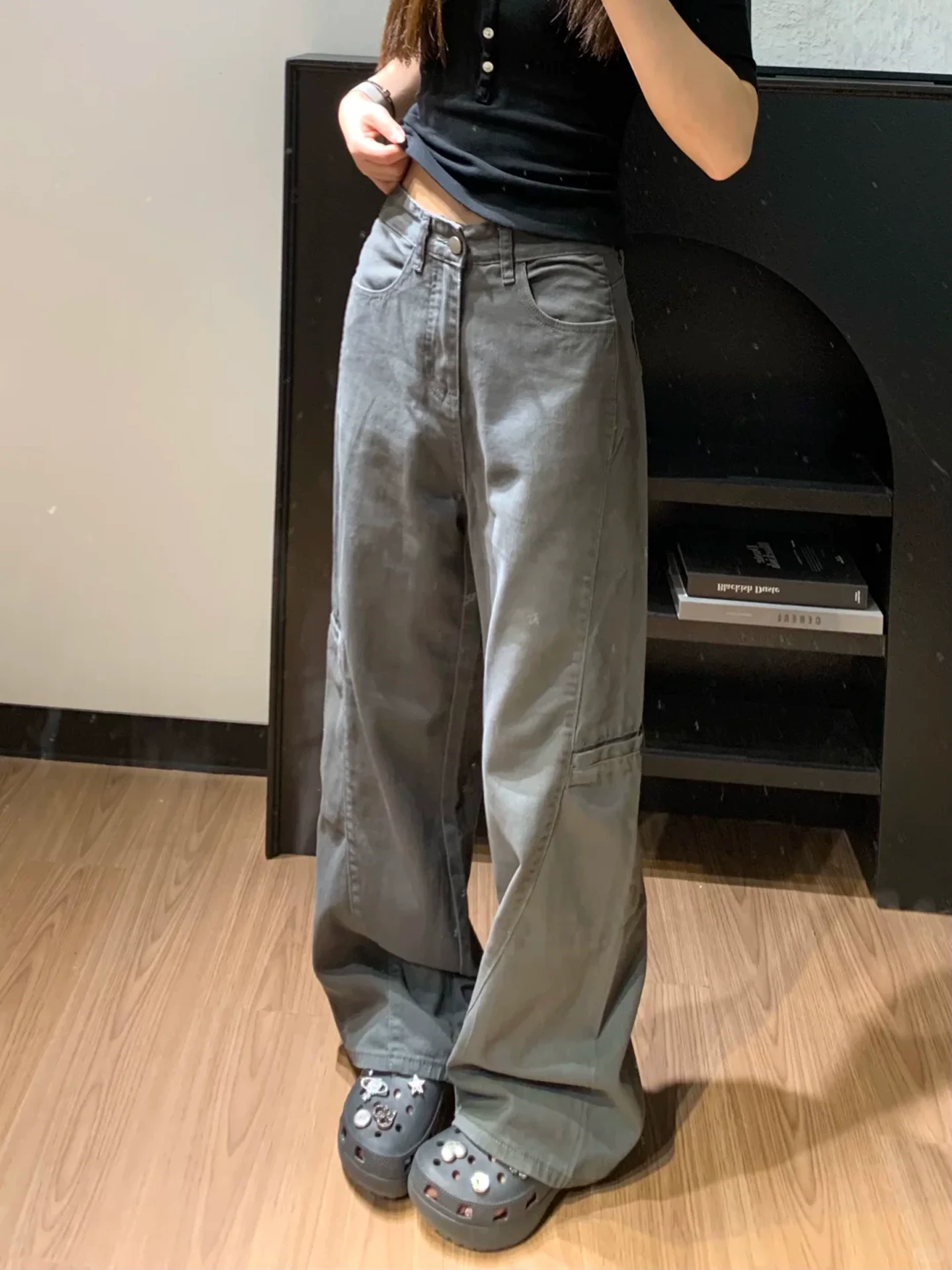 Quần jean công sở màu xám dành cho nữ có thân hình hình quả lê, quần ống rộng cạp cao che hông dáng rộng, cỡ lớn mùa thu