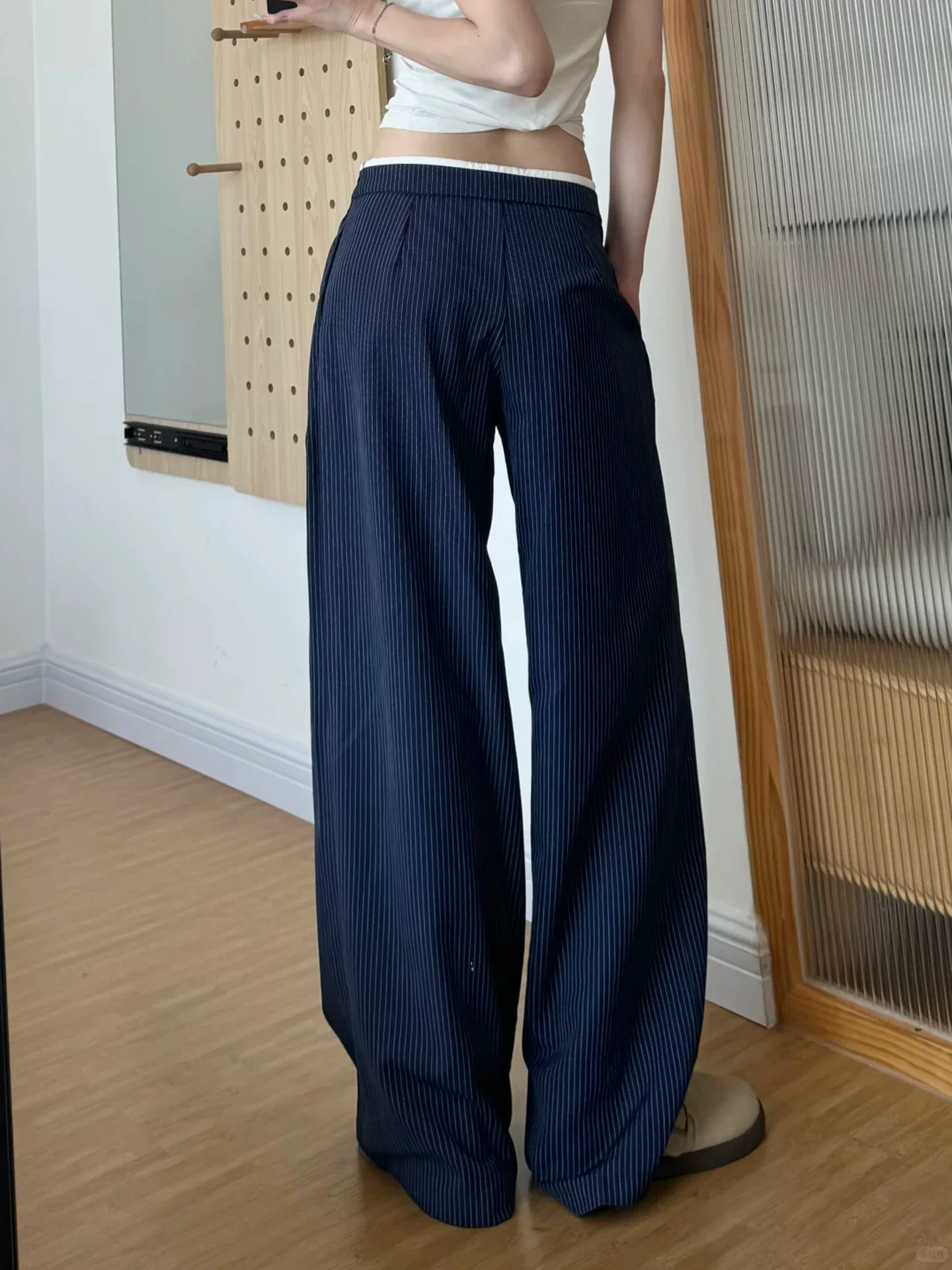 Quần âu phối sọc xanh cho nữ, mùa thu, cỡ lớn, lưng cao, dáng suôn, tôn dáng, dáng quả lê, quần ống rộng