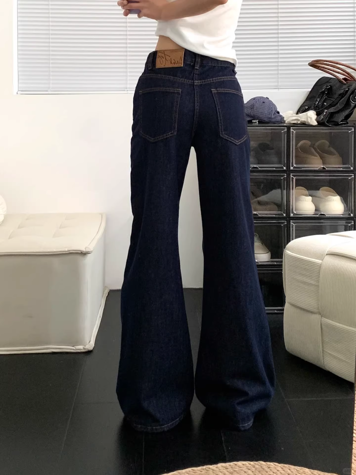 Quần jean bootcut màu xanh đậm dành cho nữ, mùa thu, cỡ lớn, lưng cao, dáng rộng, tôn dáng, quần ống loe nhỏ nhắn