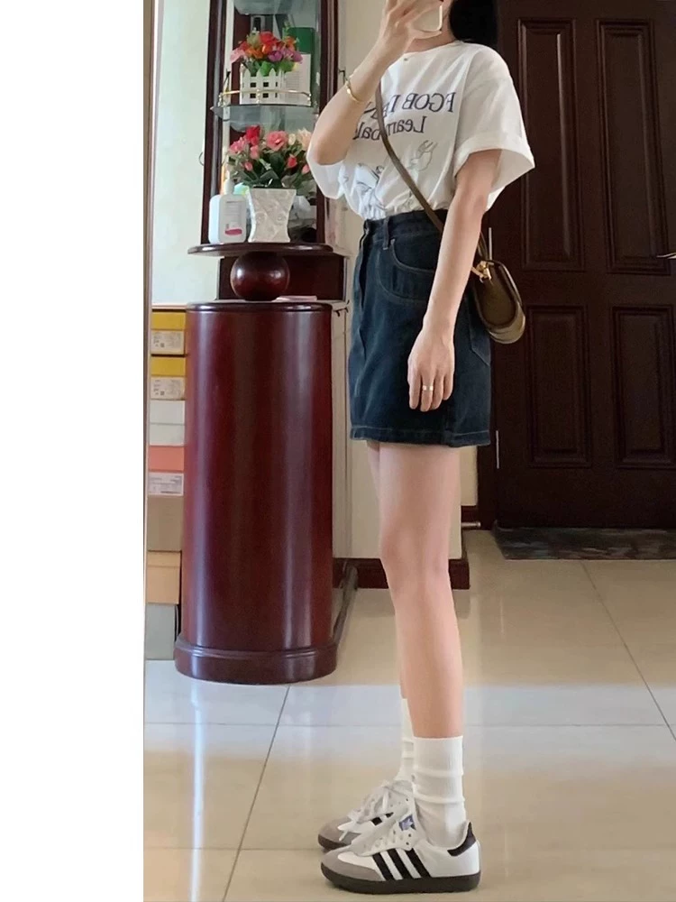 Váy ngắn denim dành cho nữ, váy chữ A dáng quả lê mùa hè, cỡ lớn, lưng cao, che bụng, giảm béo, váy nửa thân nhỏ nhắn.