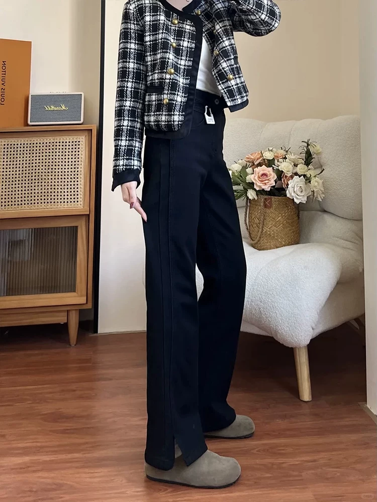 Quần jean đen ống đứng loe dành cho nữ, mùa đông, cỡ lớn, cạp cao, che hông, co giãn, dáng quả lê, quần ống chuông lót lông cừu