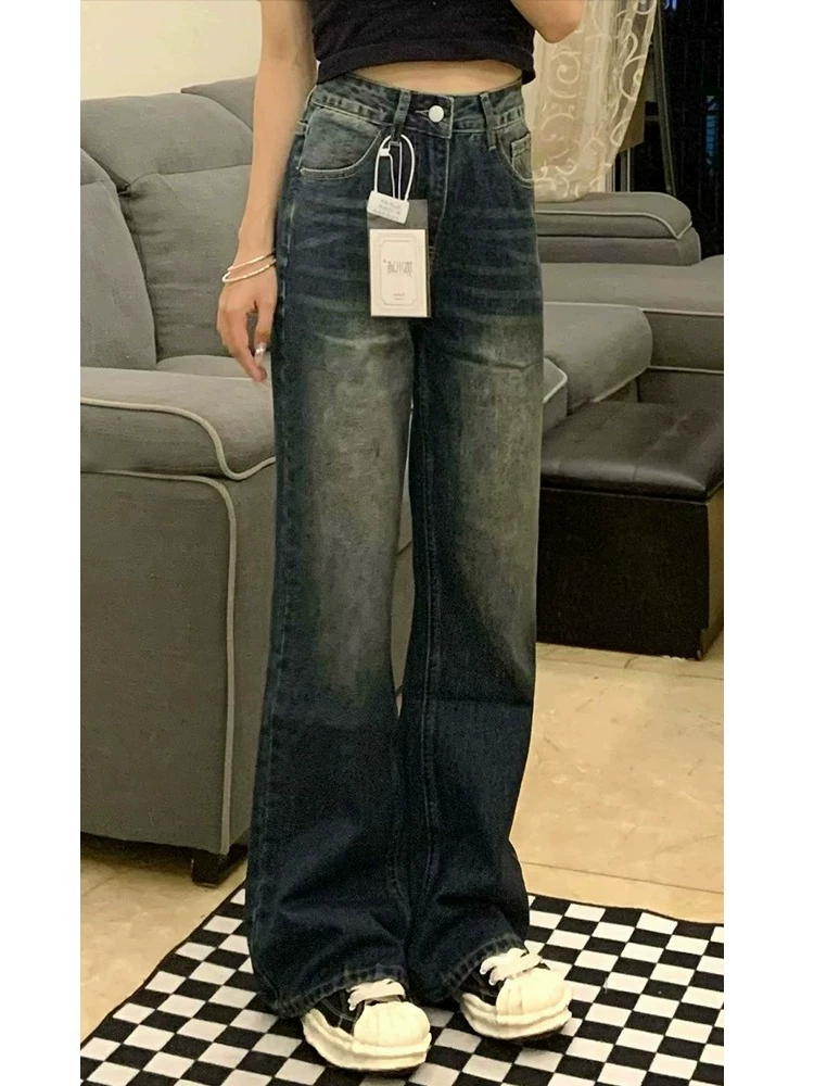 Quần jeans dáng chuông retro dáng quả lê cho nữ, mẫu mới đầu thu, size lớn, cạp cao, rộng thùng thình, dài chấm đất